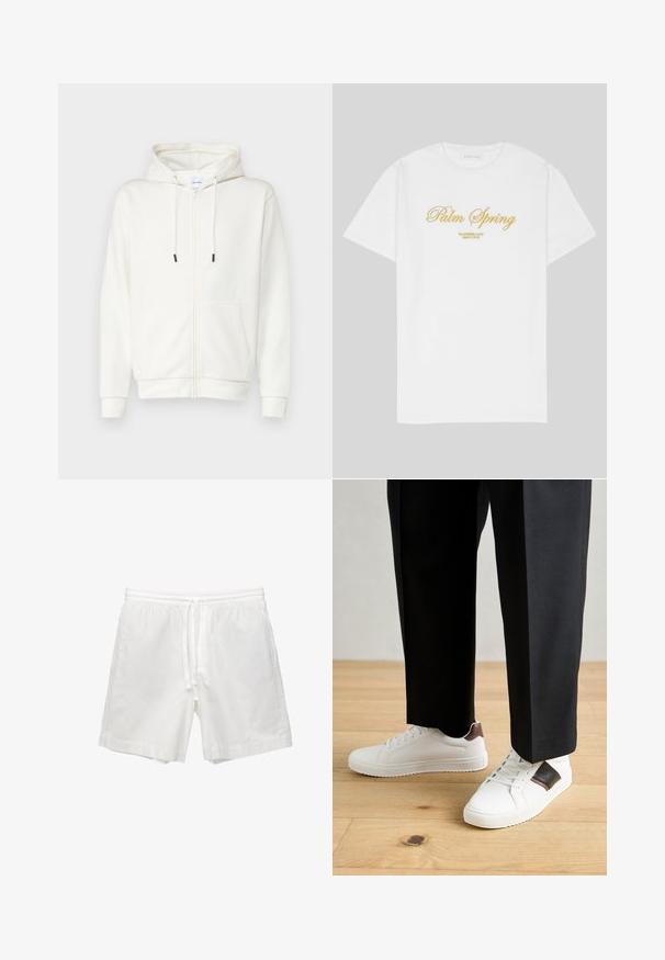 Hvid lynlås hoodie lavet af blødt stof, med en frontlomme, snoretræk og ribbede bek. Glat tekstur med minimal design.; Hvid bomulds t-shirt med guldtekst, der skriver "Palm Spring" med "California Love Eighty Five" nedenfor, afslappet pasform, rund halsudskæring.; Hvide bomuldsbukser med elastisk talje og snøre, sidelommer og lige snit med færdige kanter.; Hvide sneakers med glat tekstur, prydet med brune læderdetaljer og sorte detaljer, sammen med sorte skræddersyede bukser. Baggrund med trægulv.