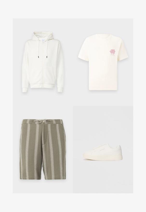 Hoodie branco com fecho éclair, feito de tecido suave, apresentando um bolso frontal, cordões de ajuste e punhos canalé. Textura suave com design minimalista.; T-shirt branca de mangas curtas com o texto vermelho "Edição Originais do Estúdio" no lado esquerdo do peito, apresentada sobre um fundo cinza neutro.; Calções verdes de tecido texturizado, com riscas brancas verticais, uma cintura com cordão ajustável e bolsos laterais angulados.; Sapatilhas brancas de atacar com uma superfície texturizada, sola grossa e design minimalista. Possui o logo da marca na lateral.