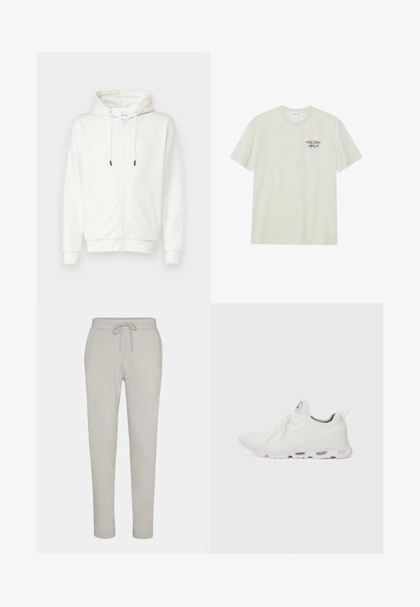 Bijela dukserica s patentnim zatvaračem izrađena od mekanog materijala, s prednjim džepom, špagama i rebrastim manžetama. Glatka tekstura s minimalnim dizajnom.; Svijetlosmeđa pamučna majica kratkih rukava. Sadrži mali plavi i crveni grafički prikaz marlinske ribe uz natpis "MARLIN TROPHY".; Svijetlosive pamučne trenirke s elastičnim pojasom na vezanje, suženi kroj nogavica i rebrasti rubovi. Glatka tekstura, jednostavan dizajn, bez uzoraka ili dodataka.; Bijele atletske tenisice s gornjim dijelom od teksturiranog pletenog materijala, ravnim vezicama i jastučićem u potplatu s vidljivim zračnim komorama radi dodatne potpore.