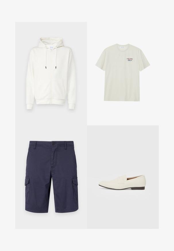 Hvit zip-up hettegenser laget av mykt stoff, med en frontlomme, snorer og ribbestrikkede mansjetter. Jevn tekstur med minimalistisk design.; Lys kremfarget bomull T-skjorte med korte ermer. Har et lite blått og rødt grafisk motiv av en marlin og teksten "MARLIN TROPHY".; Marineblå cargo shorts laget av slitesterkt stoff, med sidelommer, knappelukking og en teksturert overflate.; Lyse beige loafers med spiss tå, glatt materiale, en stropp over vampsen, og en lav brun såle. Enkel design med minimale detaljer.