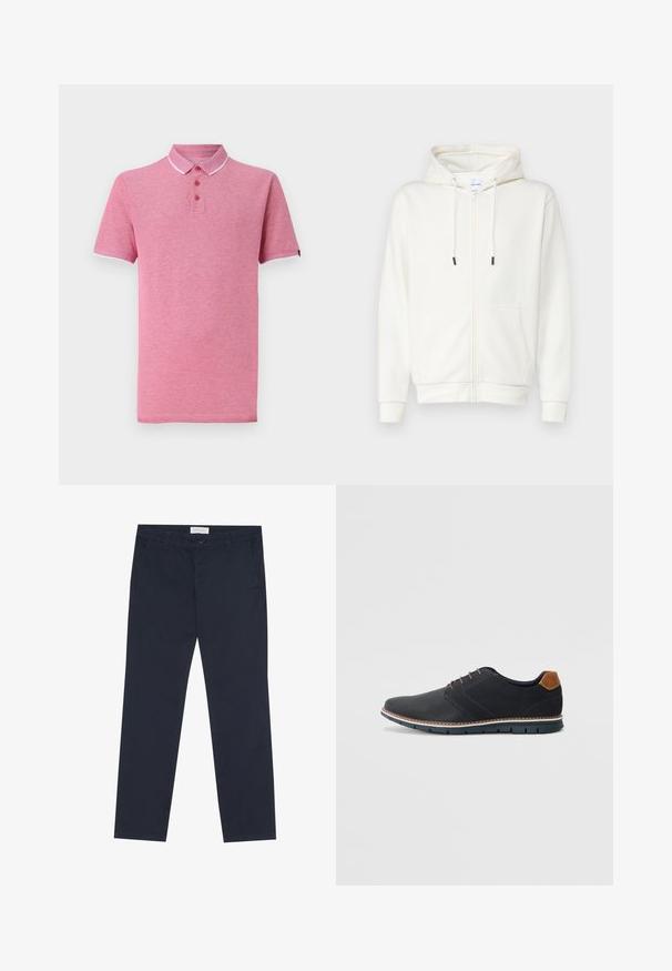 Hoodie branco com fecho éclair, feito de tecido suave, apresentando um bolso frontal, cordões de ajuste e punhos canalé. Textura suave com design minimalista.; Camisa polo rosa de mangas curtas, colarinho canelado, com uma pala de três botões e um contorno branco em contraste no colarinho e nas mangas.; Chinos azul-marinho feitos de algodão com uma textura suave, apresentando um fecho de correr, passantes para cinto e bolsos laterais para funcionalidade.; Sapatos sintéticos pretos com um upper texturizado, pormenores lisos, salto castanho e uma sola contrastante. Apresentam um sistema de atacadores mínimo e detalhes de costura.