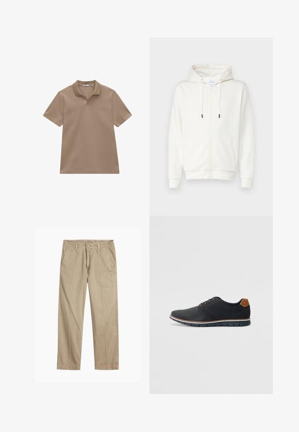 Hvid lynlås hoodie lavet af blødt stof, med en frontlomme, snoretræk og ribbede bek. Glat tekstur med minimal design.; Brun bomulds polo-shirt med klassisk krave, korte ærmer og et diskret v-hals design. Glat tekstur og enkelt snit.; Beige lige ben chinos med bæltestropper, frontknap og lynlås lukning samt skrå frontlommer.; Sorte syntetiske sko med en tekstureret overdel, glatte accenter, brun hæl og en kontrasterende sål. Har minimale snørebånd og syningsdetaljer.