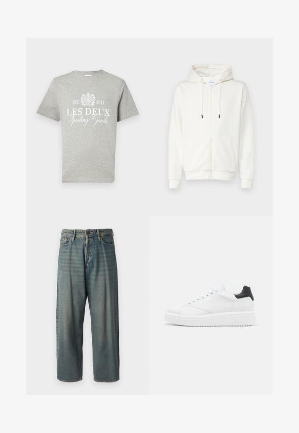 White zip-up hoodie made from soft fabric, featuring a front pocket, drawstrings, and ribbed cuffs. Smooth texture with minimal design.; Gray short-sleeve T-shirt made of cotton, featuring white printed text "LES DEUX Sporting Goods" with a circular logo above and established year.; Light blue denim jeans with a loose fit, mid-rise waist, and straight legs. Features five pockets, belt loops, and a button closure.; White leather sneaker with a black heel tab, flat laces, textured midsole, and branding on the outer side. Designed for casual wear.