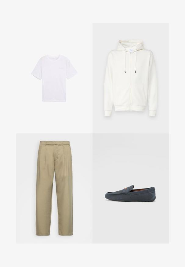 Felpa con zip bianca realizzata in tessuto morbido, con tasca frontale, lacci e polsini a costine. Texture liscia con design minimale.; T-shirt bianco in cotone con maniche corte, scollatura rotonda e un piccolo logo del brand discreto sulla parte sinistra del petto. Design semplice.; Pantaloni beige a vita alta con taglio dritto, dotati di una parte frontale liscia, tasche laterali e un tessuto morbido e testurizzato.; Mocassini grigi perforati con design slip-on, caratterizzati da un accento arancione, punta arrotondata e suola in gomma testurizzata.