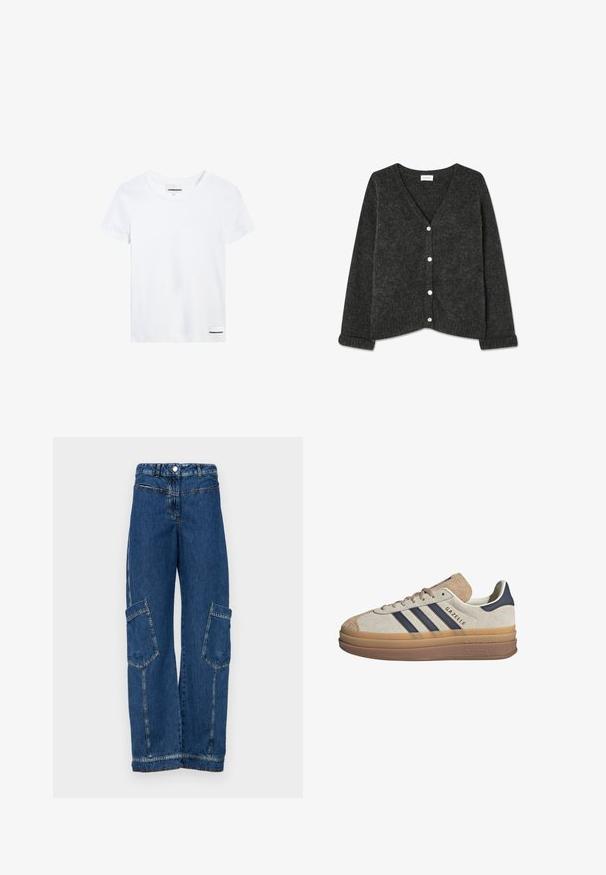 Cardigan de punto gris oscuro con escote en forma de V, cierre de cinco botones, puños y dobladillo acanalados, textura suave y un ajuste relajado.; Camiseta de algodón blanca con mangas cortas, un escote redondo y una pequeña etiqueta de logo negra en la parte inferior izquierda. Textura suave, ajuste estándar.; Pantalones cargo de mezclilla azules con una cintura alta, pierna ancha, dos grandes bolsillos laterales y detalles de remaches y costuras tradicionales.; Las zapatillas Adidas Gazelle presentan una parte superior de ante beige, rayas en marino y una suela gruesa de goma translúcida. La lengüeta está ligeramente acolchada.