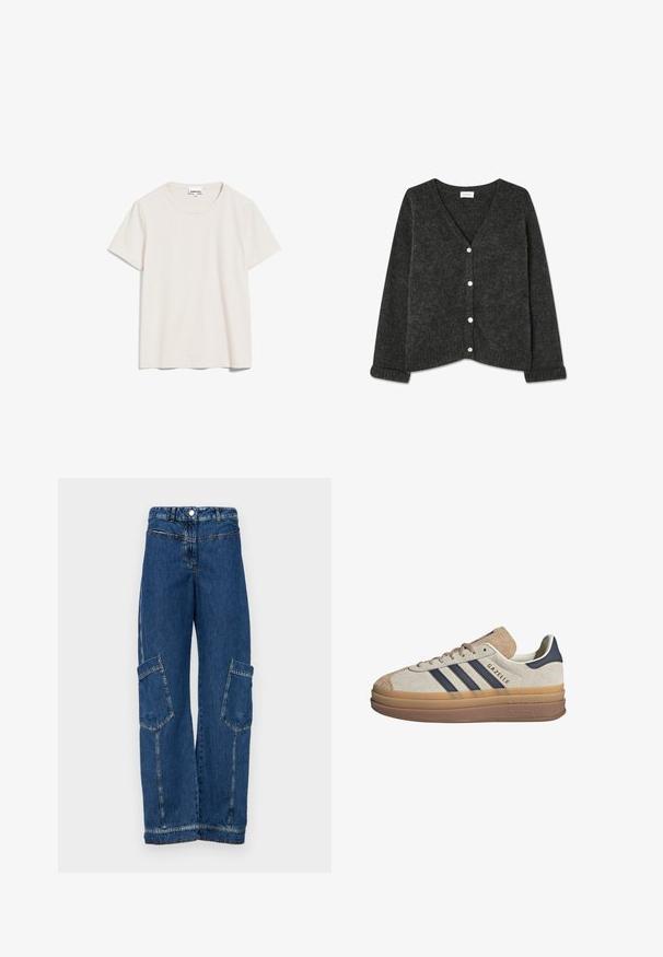 Dunkelgrauer Strickcardigan mit V-Ausschnitt, fünf Knöpfen, gerippten Bündchen und Saum, weicher Textur und lässiger Passform.; Helle beige Baumwoll-T-Shirt mit kurzen Ärmeln, rundem Halsausschnitt und dezentem Logodetail auf der Brust. Weicher Zustand und lockere Passform.; Blaue Denim-Cargohosen mit hoher Taille, weitem Bein, zwei großen Seitentaschen sowie traditionellen Nieten- und Stichdetails.; Adidas Gazelle Sneakers verfügen über ein Obermaterial aus beigem Wildleder, marineblauen Streifen und eine dicke, transparente Gummisohle. Die Zunge ist leicht gepolstert.