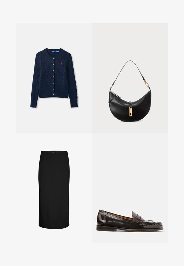 Tengerészkék kötött kardigán, kábelmintás dizájnnal, kerek nyakkivágással, elöl gombos záródással, bordás szegéllyel és mandzsettával, valamint egy apró piros logó részlettel.; Három ujjatlan póló kék, fekete és fehér színben. Az anyaga bordázott, kerek nyakkivágással. Minden pólón egy "even&odd" feliratú címke található.; Fekete ceruzaszoknya sima anyagból, testhezálló fazonnal, térd fölé érő vágással és aszimmetrikus varrással az egyik oldalon.; Polo Ralph Lauren ASHTYN FRINGE TRIM CALFSKIN LOAFER - Belebújós cipők - ebano/tobacco; Fekete bőr kézitáska félhold alakú formában. Aranyszínű fémrészekkel és keskeny pánttal rendelkezik. Simább felület, cipzáras záródás a tetején.