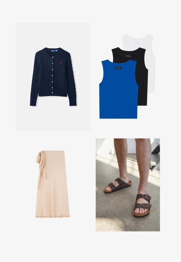 Marineblauer Strickcardigan mit Zopfmuster, Rundhalsausschnitt, Knopfverschluss vorne, geripptem Saum und Bündchen sowie einem kleinen roten Logodetail.; Drei ärmellose Hemden in Blau, Schwarz und Weiß. Der Stoff ist gerippt und hat einen runden Ausschnitt. Jedes Hemd hat ein Etikett mit der Aufschrift "even&odd".; Beiger Wickelrock aus weichem Stoff mit strukturierter Oberfläche, mit einer gebundenen Akzentuierung auf einer Seite und einem fransigen Saum am unteren Ende.; Braune Leder-Sandalen mit zwei verstellbaren Schnallen, Korkfußbett und strukturiertem Gummisohle, die barfuß auf einem Betonboden getragen werden.