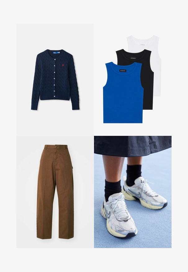 Navy plavi pleteni kardigan s dizajnom od pletenih kablova, okruglim izrezom, prednjim zatvaranjem na dugmad, rebrastim rubovima i manžetama, uz mali crveni logo detalj.; Trii bezrukavne majice u plavoj, crnoj i bijeloj boji. Tkanina je rebrasta s okruglim izrezom. Svaka majica ima oznaku označenu „even&odd.“; Smeđe hlače širokih nogavica od izdržljive tkanine s kopčanjem na dugme i bočnim džepovima. Glatka tekstura i ravni kroj.; Bijele i srebrne Nike tenisice od mrežaste tkanine, s reflektirajućim detaljima i bež potplatom. Nosi se s crnim čarapama, stojeći na plavoj površini.