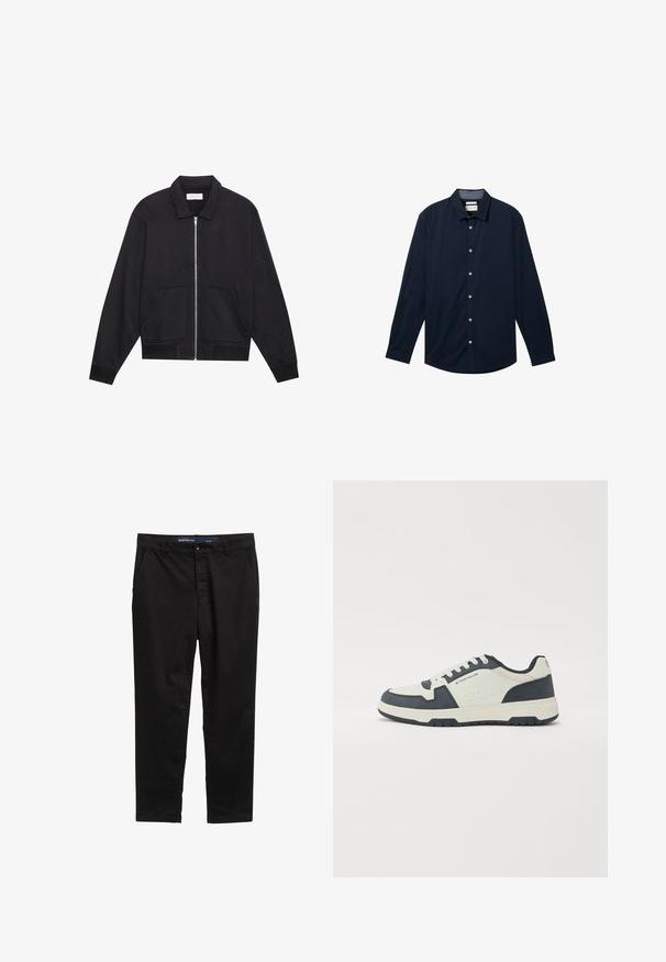 Schwarze Zip-Jacke mit Kragen, zwei Fronttaschen, gerippten Bündchen und einer strukturierten Stoffoberfläche. Einfaches und modernes Design.; Navyblaues Langarmshirt aus glattem Stoff, mit einer durchgehenden Knopfleiste, einem klassischen Kragen und weißen Knöpfen.; Schwarze Chinos aus einem Baumwollmischgewebe. Verfügt über ein gerades Bein Design, zwei seitliche Taschen und einen Metallknopfverschluss an der Taille.; Marinefarbene und hellgraue Sneakers mit einem Obermaterial aus Wildleder und Leder, gepolsterter Zunge und Schnürsenkeldesign. Gummisohle mit Traktionsmuster.