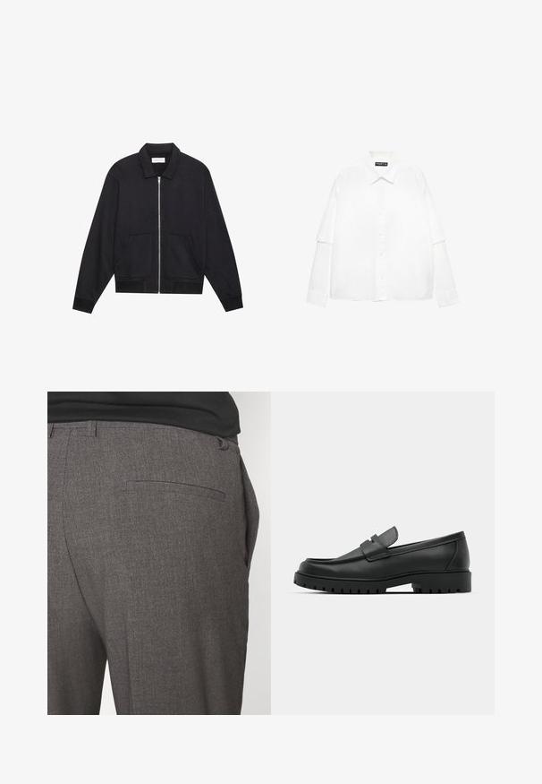 Crna jakna na zatvaranje s patentnim zatvaračem, s ovratnikom, dva prednja džepa, rebrasti manšeti i teksturiranim završetkom tkanine. Jednostavan i moderan dizajn.; Bjela košulja dugih rukava od pamuka s dugmadi sprijeda, koja ima klasičnu kragnu i prevelike rukave u opuštenom kroju.; Sive krojene hlače glatke teksture, s jednim stražnjim džepom i slim fit dizajnom. Tkanina ima suptilan uzorak.; Crne kožne mokasine s zaobljenim vrhom, s ušivenim dizajnom, niskom platformom i teksturiranim, gumenim potplatom s izbočinama.