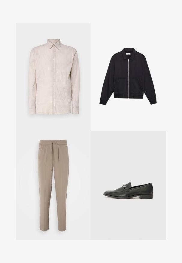 Crna jakna na zatvaranje s patentnim zatvaračem, s ovratnikom, dva prednja džepa, rebrasti manšeti i teksturiranim završetkom tkanine. Jednostavan i moderan dizajn.; Svijetlo bež košulja dugih rukava s dugim rukavima i reljefnim uzorkom, s ovratnikom i odgovarajućim gumbima duž prednje strane.; Svijetlosmeđe hlače s elastičnim pojasom, podesivom žicom i suženim nogavicama. Tkanina izgleda glatko s laganim sjajem.; Crna kožna loafer cipela s glatkom finišem, s ušivenim uzorkom i dekorativnim metalnim lancem preko prednjeg dijela. Ravni potplat.