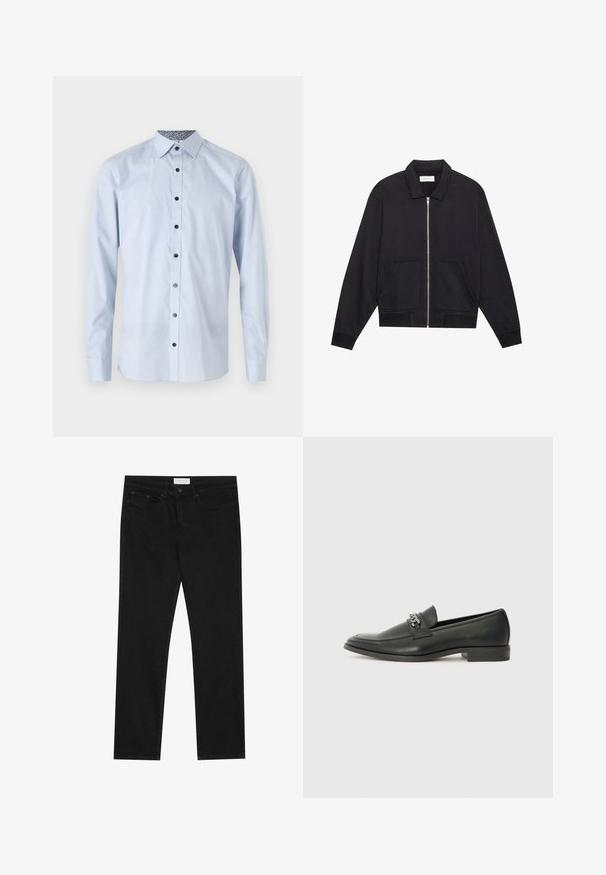 Mustas zip-up-takki, jossa on kaulus, kaksi etutaskua, ribbireunat ja teksturoitu kangaspinta. Yksinkertainen ja moderni muotoilu.; Vaaleansininen pitkähihainen paita, jossa on napillinen kaulus, mustat napit ja kuvioitu sisäkaulus. Tasaista tekstiiliä, istuva malli.; Mustat suorat farkut, joissa on viisi taskua, napilla ja vetoketjulla varustettu sulkeminen, sekä Pier One -brändilogo vyötärölle.; Musta nahkakengät, joissa on sileä pinta, koristeelliset ompeleet ja metalliketjun yksityiskohta kengän päällä. Littee korko.