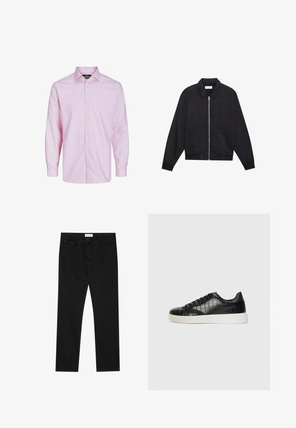Juodas zip-up džemperis su apykakle, dviem priekinių kišenių, suspaustais rankogaliais ir tekstūruotu audinio paviršiumi. Paprastas ir modernus dizainas.; Šviesiai rožinė ilgam rankovės mygtukinė marškiniai, pagaminti iš medvilnės. Turi klasikinį apykaklę, priekiniais mygtukais ir lygią tekstūrą. Paprastas dizainas.; Juodos tiesios kojų džinsai su penkių kišenių dizainu, mygtuko ir užtrauktuko uždarymu bei "Pier One" prekės ženklo etikete ant juosmens.; Juodi sportiniai batai su tekstūruotu krokodilo odos pamušalu, apvalia kojų dalimi ir kontrastinga balta guma su lygiu paviršiumi.