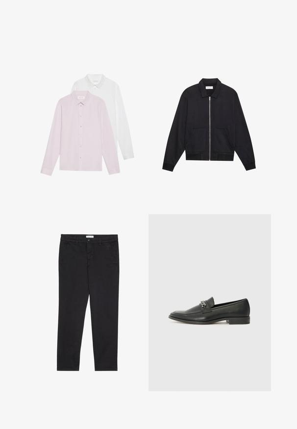 Svart zip-up jakke med krage, to frontlommer, ribbestrikkede ermer og en teksturert stofffinish. Enkel og moderne design.; To skjorter med lange ermer: en lys rosa, en hvit. Begge har spisse krager og knappelukking. Glatt stoff uten mønstre.; Sorte bomullbukser med smal passform, med to sidelommer og knappelukking foran. Teksturert stoff med subtile detaljer.; Sorte skinnloafers med en glatt finish, og med en sydd design og en dekorativ metallkjedeakcent over foten. Flat hæl.