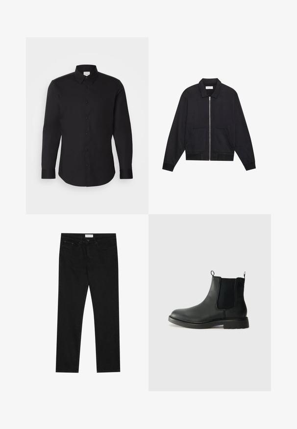 Casaco preto com fecho zip, colarinho, dois bolsos frontais, punhos canelados e um acabamento de tecido texturado. Design simples e moderno.; Camisa preta de manga longa feita de um tecido suave, com um colarinho pontudo, fecho frontal com botões e um logotipo discreto no peito.; Jeans pretos de perna reta com design de cinco bolsos, fecho com botão e zíper, e uma etiqueta da marca Pier One na cintura.; Botas Chelsea em couro preto com painéis laterais elásticos, alças de puxar, bico arredondado e solado de borracha texturizada. Superfície lisa e design robusto.