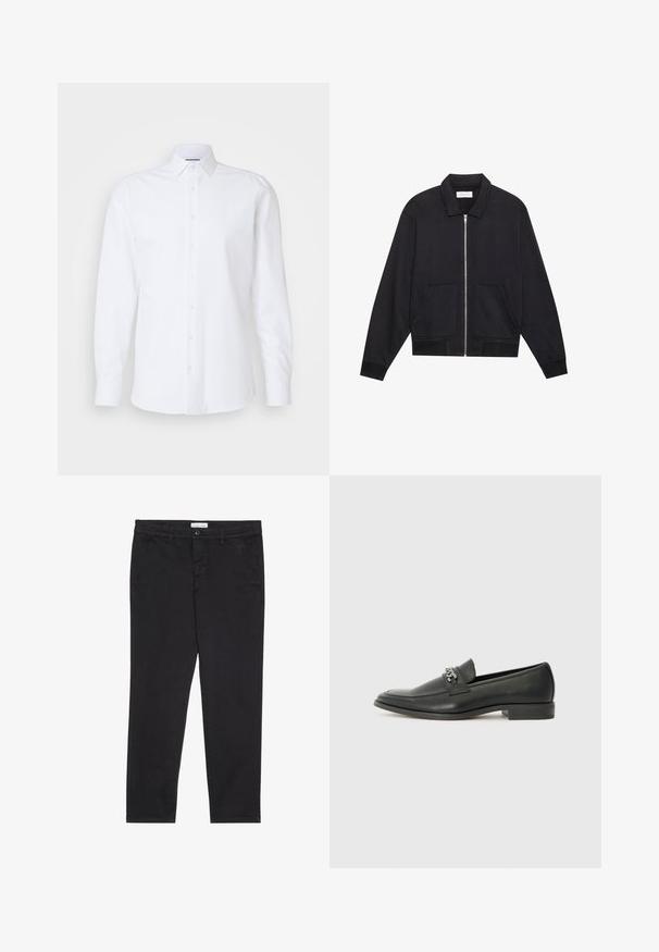 Black zip-up jacket with a collar, two front pockets, ribbed cuffs, and a textured fabric finish. Simple and modern design.; White long-sleeve button-up shirt made of smooth cotton. Features a classic collar, front placket with buttons, and a straight hem.; Black cotton trousers with a slim fit, featuring two side pockets and a front button closure. Textured fabric with subtle detailing.; Black leather loafer with a smooth finish, featuring a stitched design and a decorative metal chain accent across the vamp. Flat heel.