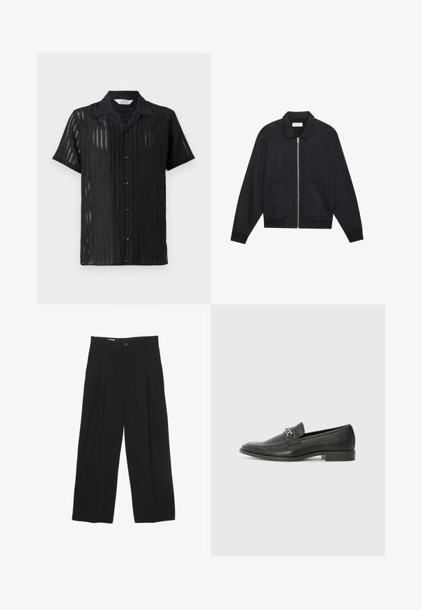 Giacca nera con zip, colletto, due tasche frontali, polsini a coste e una finitura del tessuto testurizzata. Design semplice e moderno.; Camicia nera a maniche corte con design a rete, dotata di bottoni frontali e colletto classico. Tessuto leggero con ritagli verticali.; Pantaloni neri a gamba larga realizzati in tessuto morbido, con vita piatta, pinces frontali e chiusura con un bottone.; Mocassino in pelle nera con finitura liscia, caratterizzato da un design cucito e da un accento decorativo in catena metallica sul vamp. Tacco piatto.