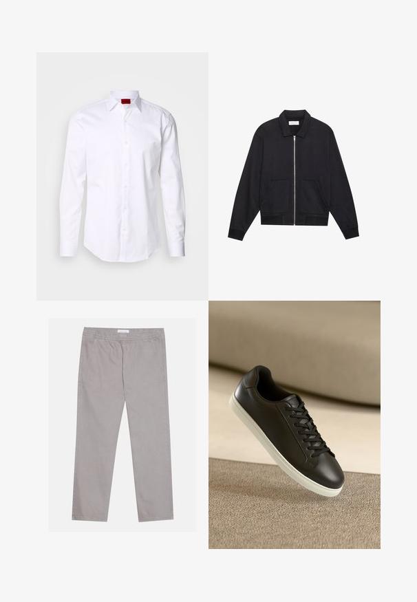Veste noire zippée avec col, deux poches avant, poignets côtelés et finition en tissu texturé. Design simple et moderne.; Chemise blanche à manches longues avec texture en chevron, col boutonné et étiquette logo rouge à l'intérieur du col. Coupe standard avec des boutons à l'avant.; Pantalon en coton gris clair avec une taille élastique, deux poches latérales, coupe droite et texture lisse. Détail de couture simple.; Baskets en cuir noir avec une semelle en caoutchouc blanc et des lacets noirs, posées sur une surface et un fond en tissu beige.