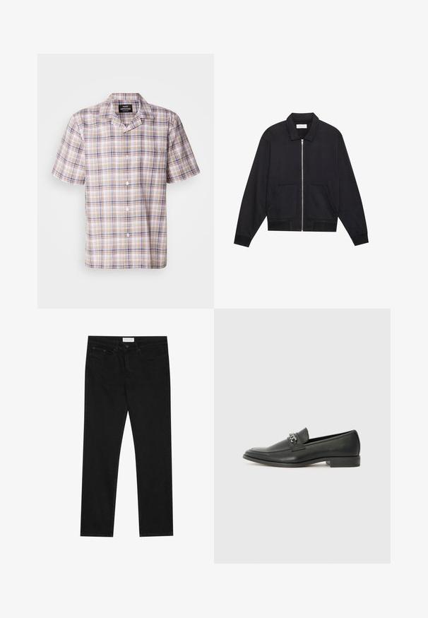 Svart zip-up jakke med krage, to frontlommer, ribbestrikkede ermer og en teksturert stofffinish. Enkel og moderne design.; Kortermet rutete skjorte i beige, med blå og brune detaljer, krage og frontknapper. Lagd av lett materiale, med et sjakkmønster.; Svarte jeans med rette ben, fem lommer, knapp og glidelås-lukking, og et Pier One-merkelapp på midjen.; Sorte skinnloafers med en glatt finish, og med en sydd design og en dekorativ metallkjedeakcent over foten. Flat hæl.