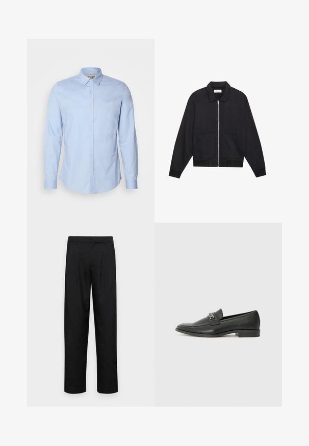 Crna jakna na zatvaranje s patentnim zatvaračem, s ovratnikom, dva prednja džepa, rebrasti manšeti i teksturiranim završetkom tkanine. Jednostavan i moderan dizajn.; Svijetloplavi košulja dugih rukava od pamuka, s muškom ovratnikom, prednjim dugmadi i suptilnim logom vezanim na grudima.; Crne hlače od glatkog materijala, s dizajnom ravnih nogavica, dva prednja nabora i standardnim pojasom s petljama za remen.; Crna kožna loafer cipela s glatkom finišem, s ušivenim uzorkom i dekorativnim metalnim lancem preko prednjeg dijela. Ravni potplat.