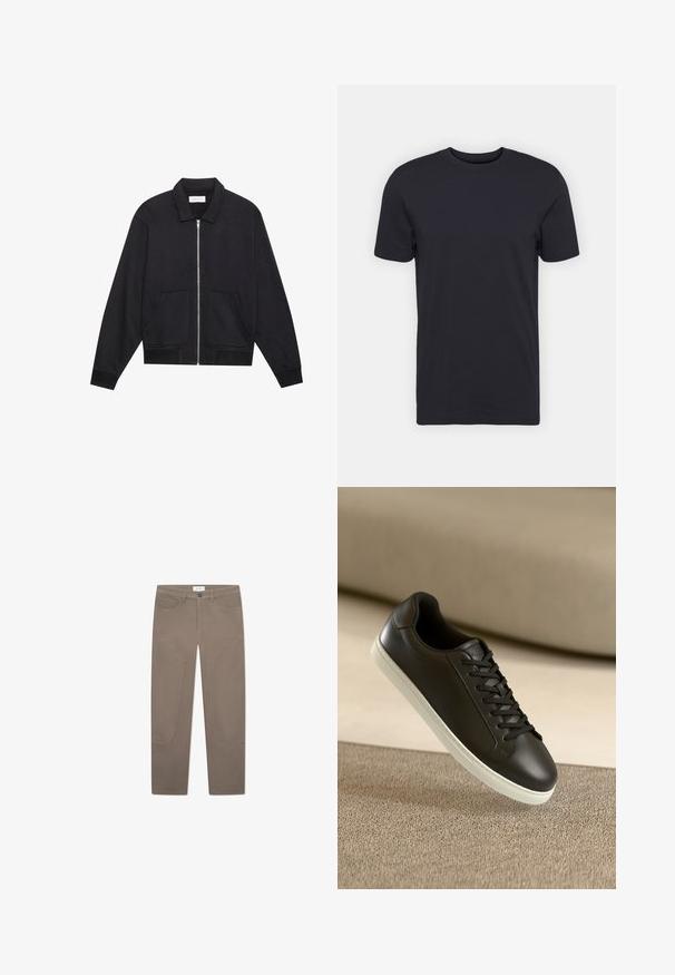 Black zip-up jacket with a collar, two front pockets, ribbed cuffs, and a textured fabric finish. Simple and modern design.; Black cotton t-shirt, short sleeves, crew neckline, solid color, lightweight fabric, smooth texture, no visible patterns or graphics.; Brown trousers with a straight cut, featuring front pockets and accent stitching along the sides for added detail and texture.; Black leather sneaker with white rubber sole and black laces, positioned against a beige fabric surface and background.
