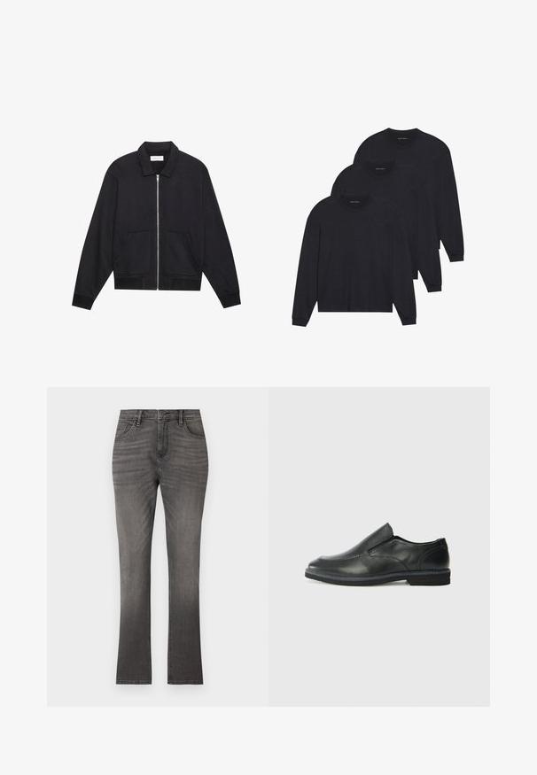 Zwarte ritssluiting jack met een kraag, twee voorkruiszakken, ribgebreide manchetten en een textuurstofafwerking. Eenvoudig en modern ontwerp.; Drie zwarte longsleeve shirts, gemaakt van zachte stof, met ronde hals en aangesloten manchetten. Minimalistisch ontwerp zonder zichtbare patronen.; Grijze denim jeans met een rechte pijp, voorzien van een klassiek vijf-pocket ontwerp en subtiele vervaging. Standaard knoop- en ritsluiting.; Zwarte leren instapper met een soepele bovenkant, gestikte accenten, ronde neus en een lage rubberen hak. De zool heeft minimale profiel.