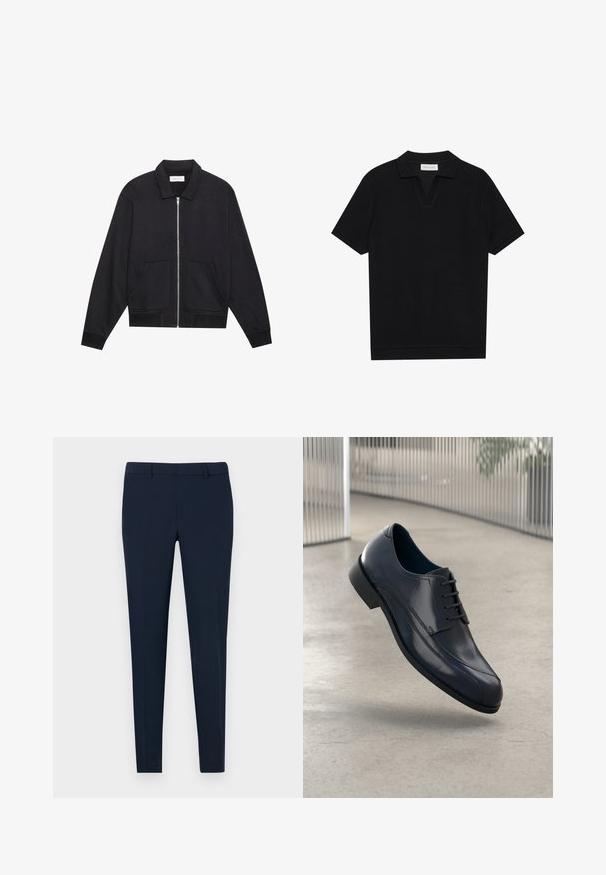 Schwarze Zip-Jacke mit Kragen, zwei Fronttaschen, gerippten Bündchen und einer strukturierten Stoffoberfläche. Einfaches und modernes Design.; Schwarzes Kurzarm-Polohemd aus texturiertem, geripptem Stoff, mit einem V-Ausschnitt und geradem Saum. Keine sichtbaren Logos oder Muster.; Marineblaue, taillierte Hose mit schmaler Passform, flachem Bund und Gürtelschlaufen, aus glattem Stoff. Keine sichtbaren Muster oder Verzierungen.; Glänzender schwarzer Leder-Dressschuh mit Schnürsenkeln, schwebend über einem glatten, hellgrauen Boden und vertikalen Metallstäben im Hintergrund.