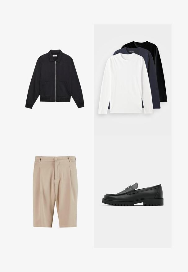 Černá zipová bunda s límcem, dvěma předními kapsami, žebrovými manžetami a texturovaným povrchem. Jednoduchý a moderní design.; Tři trička s dlouhým rukávem naskládaná na sobě: jedno bílé, jedno tmavě námořnické a jedno černé. Vyrobena z hladké bavlny, s kulatými výstřihy a bočními štěrbiny.; Beige přizpůsobené šortky s plisováním, s knoflíkovým zapínáním a klasickým designem. Hladká textura, délka ke kolenům a bez viditelných kapes.; Černé kožené mokasíny s kulatou špičkou, zdobené prošitím, s nízkou platformou a texturovanou gumovou podrážkou s drážkováním.