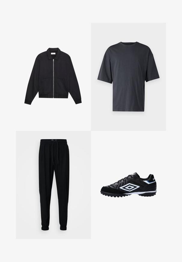 Schwarze Zip-Jacke mit Kragen, zwei Fronttaschen, gerippten Bündchen und einer strukturierten Stoffoberfläche. Einfaches und modernes Design.; Dunkelgraues Kurzarm-T-Shirt aus leichtem Baumwollmaterial, mit lockerer Passform und klassischem Rundhalsausschnitt, in einfarbigem Design ohne Muster.; Schwarze Jogginghosen aus einem weichen Stoff mit einem elastischen Bund, Kordelzug und elastischen Bündchen an den Knöcheln für eine schmal zulaufende Passform.; Schwarzer Fußballschuh aus synthetischem Leder, strukturierte Oberseite, weiße und blaue Akzente, Gummisohle mit Stollen für Traktion.