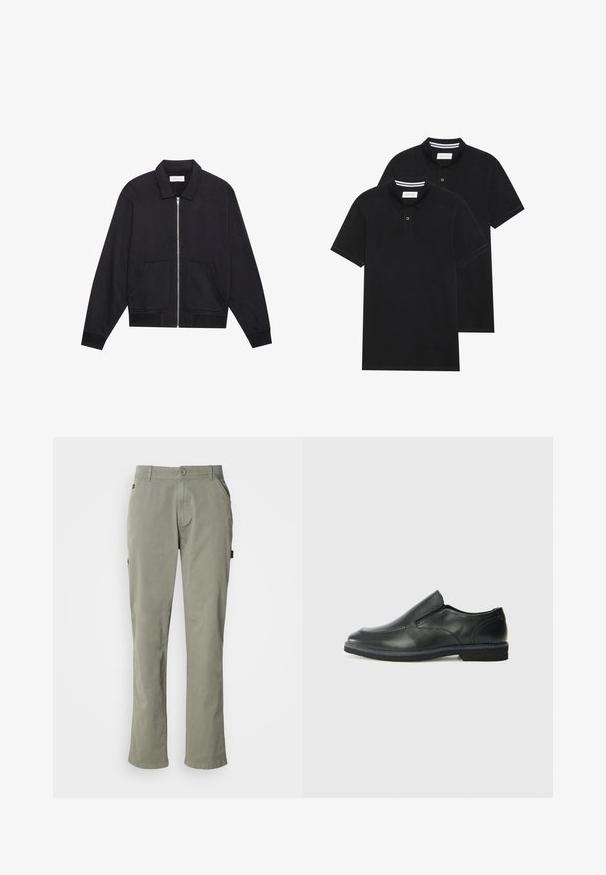 Veste noire zippée avec col, deux poches avant, poignets côtelés et finition en tissu texturé. Design simple et moderne.; Deux polos noirs, à manches courtes, en coton, avec un col classique, une patte de boutonnage à deux boutons, et des accents rayés blancs à l'intérieur du col.; Pantalon en coton vert clair à coupe droite, avec des poches devant, une fermeture à bouton et une taille avec passants de ceinture.; Chaussure slip-on en cuir noir avec une tige lisse, des accents cousus, un bout arrondi et un petit talon en caoutchouc. La semelle présente un profil de traction minimal.