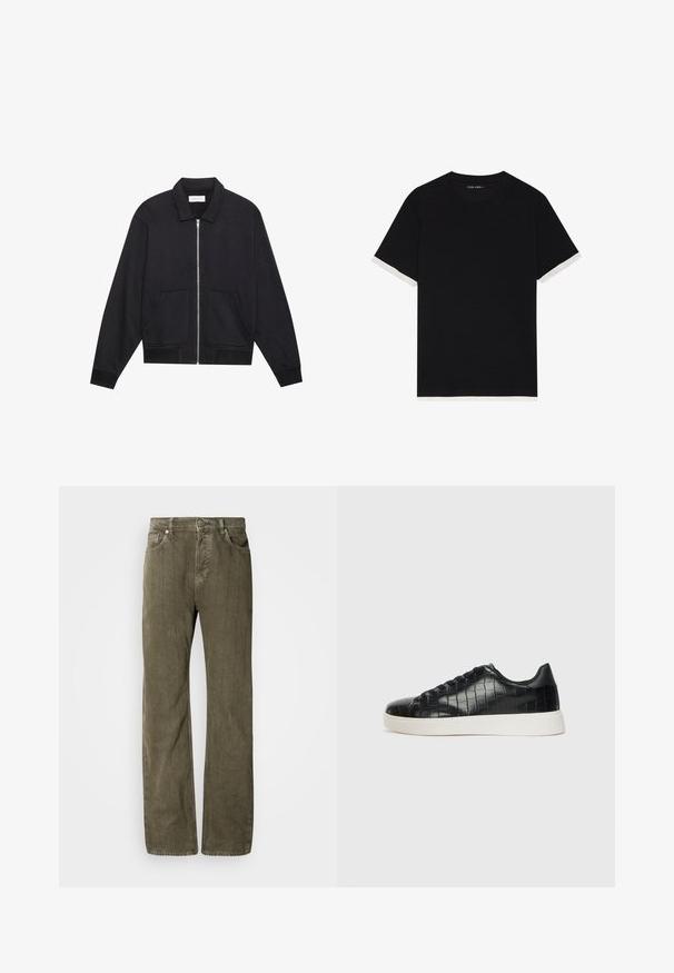 Sort lynlåsjakke med krave, to frontlommer, ribbede manchetter og en struktureret stoffinish. Enkel og moderne design.; Sort kortærmet t-shirt i struktureret stof med hvide detaljer på manchetterne. Rundet halsudskæring, afslappet pasform.; Olivengrøn lige ben jeans i struktureret bomuldsstof. Har fem lommer, metalknaplukning og subtile lodrette sømme.; Sorte sneakers med en struktureret krokodillepræget læderoverdel, rund tå og en kontrasterende hvid gummisål med en glat finish.