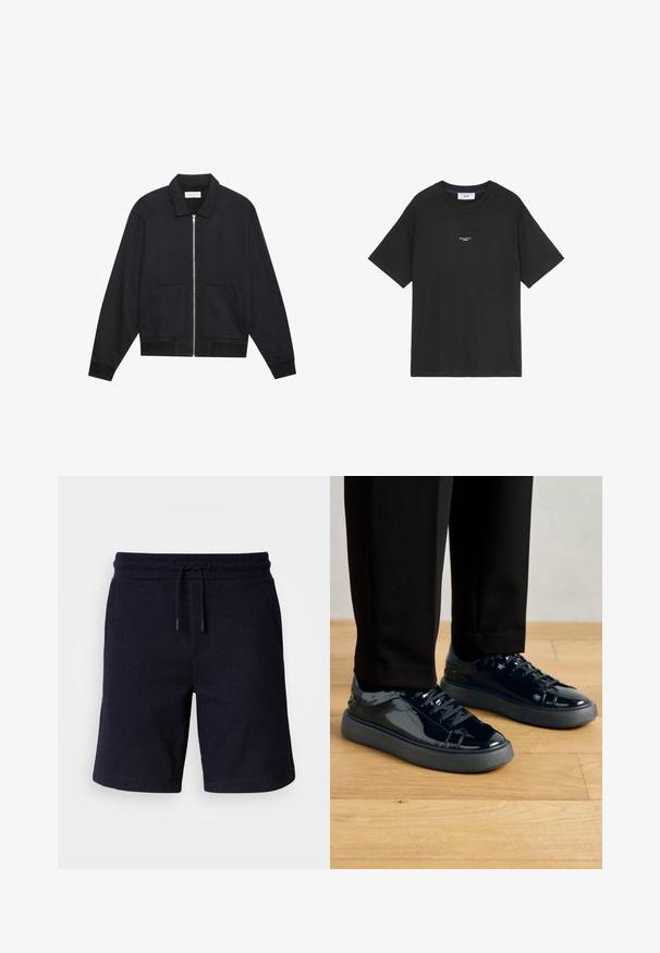 Chaqueta negra con cremallera y cuello, dos bolsillos frontales, puños acanalados y un acabado de tela texturizada. Diseño simple y moderno.; Camiseta de algodón negra con cuello redondo y mangas cortas. Presenta un pequeño logotipo blanco en la parte delantera. Diseño sencillo, corte relajado.; Pantalones cortos azul marino con cintura elástica y cordón. Tejido texturizado con un acabado liso, con costuras laterales.; Zapatillas de charol negro con suela de goma texturizada, punta redonda y cordones negros a juego, combinadas con pantalones negros sobre un suelo de madera.