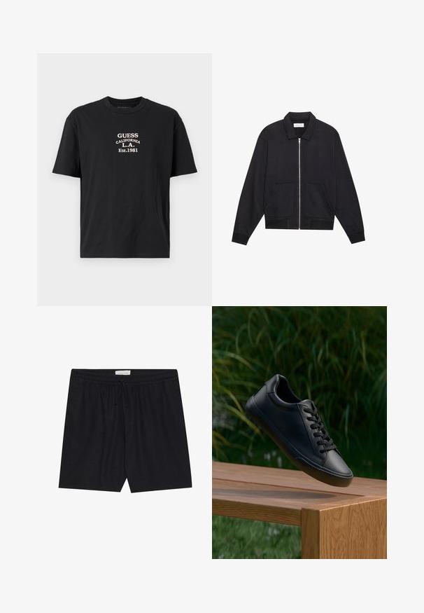 Fekete cipzáras dzseki gallérral, két elülső zsebbel, bordázott mandzsettával és texturált anyagú felülettel. Egyszerű és modern dizájn.; Fekete pamut póló, középen fehér nyomtatott logóval: "GUESS CALIFORNIA L.A. Est.1981". Klasszikus kerek nyakú fazon.; Fekete, elasztikus derékú rövidnadrág zsinórral, sima felülettel és egyenes szabással, alkalmas hétköznapi viseletre.; Fekete bőr sneaker sima textúrával, kerek orral és lapos cipőfűzővel, egy fa felület felett helyezkedik el, a háttérben zöld fűvel.