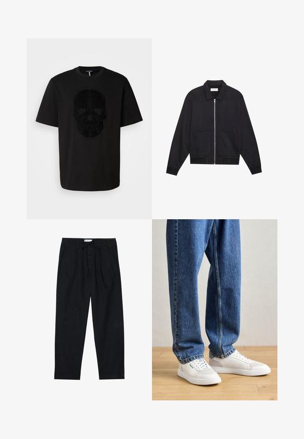 Sort lynlåsjakke med krave, to frontlommer, ribbede manchetter og en struktureret stoffinish. Enkel og moderne design.; Sort bomulds T-shirt med et tekstureret sort kranie-design på forsiden. Korte ærmer og rund halsudskæring; lige snit ved kanten.; Pier One Chino - black; Hvide sneakers med gummisål, perforerede detaljer på siderne, parret med løse, lyseblå denimjeans, på et trægulv.