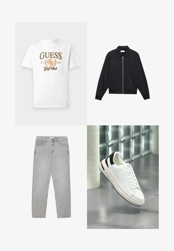 Svart zip-up jakke med krage, to frontlommer, ribbestrikkede ermer og en teksturert stofffinish. Enkel og moderne design.; Hvit bomulls t-skjorte med oransje "GUESS Golf Club" grafikk med laurbærdetaljer og etableringsår 1981. Standard crew neck design.; Lys grå denimbukser med rett ben-design, fem lommer og knappelukking. Synlig søm langs sømmene.; Hvite lær sneakers med svarte detaljer, flat snøring og teksturert såle. Har "GUESS"-logo på siden og tungen.