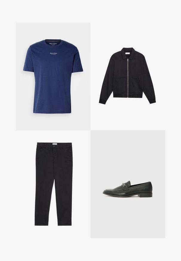 Črna zip-up jakna s ovratnikom, dvema sprednjima žepoma, rebrastimi manšetami in teksturirano površino. Preprost in sodoben dizajn.; Temno modra bombažna majica s kratkimi rokavi, okroglo izrezana in z majhnim belim logotipom na prsih. Gladka tekstura in sproščen kroj.; Črne bombažne hlače s slim fit krojem, z dvema stranskima žepoma in sprednjim gumbom za zapiranje. Teksturirano blago z nežnimi detajli.; Črni usnjeni loafer z gladko površino, ki ima šivano zasnovo in dekorativni kovinski verižni naglas preko vampirja. Ravno peto.