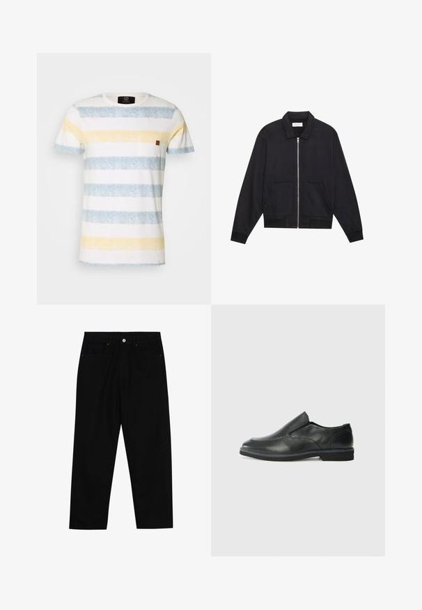 Čierna bunda na zips s golierom, dvoma prednými vreckami, rebrovanými manžetami a textúrovaným povrchom. Jednoduchý a moderný dizajn.; Prúžkované bavlnené tričko s horizontálnymi svetlomodrými, žltými a bielymi pruhmi. Obsahuje malé hnedé kožené akcenty na vrecku na hrudi.; Čierne denimmové nohavice s rovný strihom, dizajnom s piatimi vreckami a upínaním na prednej strane. Hladká textúra s minimálnymi detailmi šitia.; Čierny kožený nazúvací topánka s hladkým zvrškom, prešitými akcentmi, zaoblenou špičkou a nízkym gumovým podpätkom. Podošva má minimálny dezén.