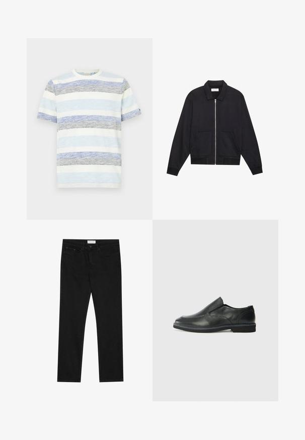 Veste noire zippée avec col, deux poches avant, poignets côtelés et finition en tissu texturé. Design simple et moderne.; T-shirt rayé avec des couleurs bleu, gris et blanc, manches courtes, col rond et un tissu doux et texturé.; Jean droit noir avec un design à cinq poches, fermeture à bouton et zip, et une étiquette de marque Pier One sur la taille.; Chaussure slip-on en cuir noir avec une tige lisse, des accents cousus, un bout arrondi et un petit talon en caoutchouc. La semelle présente un profil de traction minimal.