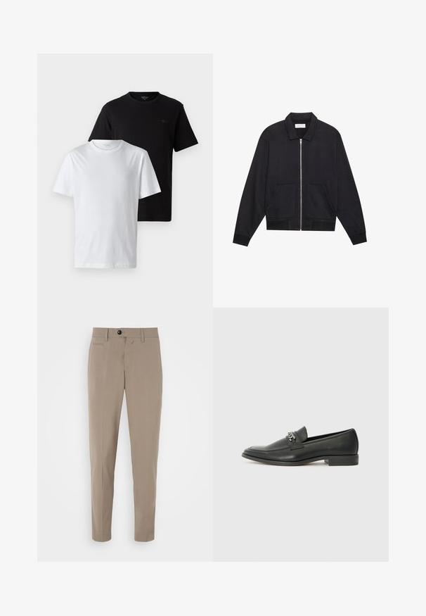 Fekete cipzáras dzseki gallérral, két elülső zsebbel, bordázott mandzsettával és texturált anyagú felülettel. Egyszerű és modern dizájn.; Két póló kiállítva, egy fekete és egy fehér. Mindkettő környakú dizájnnal és egy kis logóval rendelkezik a mellrészen, pamut anyagból készült.; Beige, slim fit szabású nadrág, cipzáros és elülső zsebes. Simább anyagból készült, amely tiszta megjelenésű.; Fekete bőr loaferek sima felülettel, varrott mintával és díszítő fém lánccal a cipő elején. Lapos sarok.