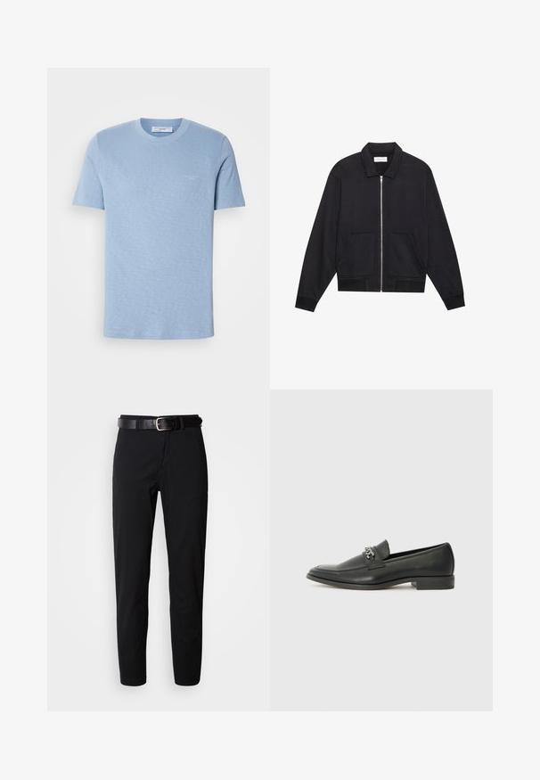 Black zip-up jacket with a collar, two front pockets, ribbed cuffs, and a textured fabric finish. Simple and modern design.; Light blue cotton t-shirt, short sleeves, crew neck, subtle logo on the front, smooth texture, regular fit.; Black trousers with a straight cut, featuring a smooth texture and a black leather belt with a silver buckle. Simple design, no patterns or accents.; Black leather loafer with a smooth finish, featuring a stitched design and a decorative metal chain accent across the vamp. Flat heel.