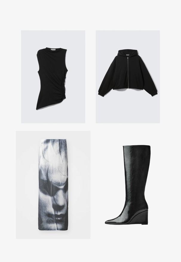 Felpa nera con cappuccio, zip frontale, vestibilità oversize, spalle scese e due tasche laterali. Tessuto morbido con polsini e orlo a costine.; Top nero senza maniche con dettaglio arricciato sul lato e orlo asimmetrico. Realizzato in tessuto morbido e elasticizzato. Collo rotondo.; Gonna lunga bianca e nera con stampa grafica di un volto, caratterizzata da una texture morbida e una silhouette aderente.; Stivali in pelle nera alti fino al ginocchio, con punta affilata e tacco a zeppa. La superficie è liscia con una finitura lucida.