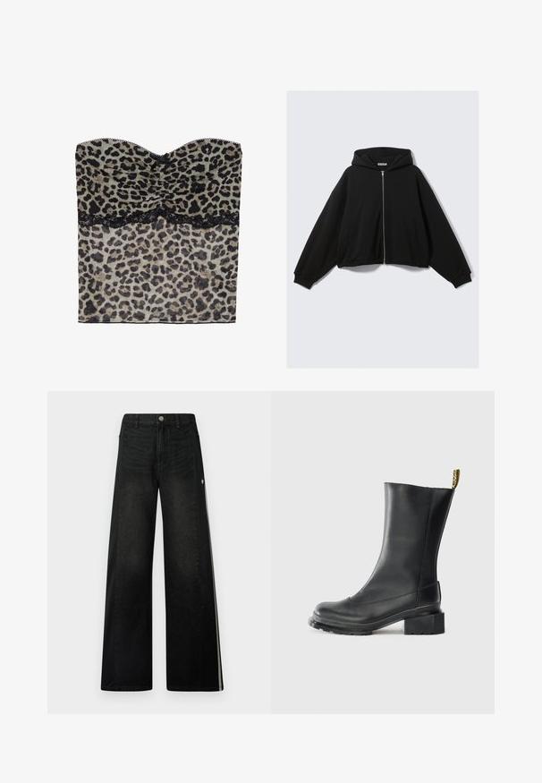 Czarna bluza z kapturem na zamek z przodu, o luźnym kroju, opuszczonych ramionach i dwoma bocznymi kieszeniami. Miękki materiał z prążkowanymi mankietami i wykończeniem u dołu.; Top bez ramiączek w panterkę z marszczonym materiałem, czarną koronkową lamówką na dole, wykonany z lekkiego materiału.; Szerokie czarne dżinsy z kontrastowymi czarnymi panelami bocznymi. Posiadają klasyczną teksturę dżinsu, srebrne zapięcie na guzik oraz białe paski akcentowe.; Czarne skórzane botki za kostkę na słupku, o gładkiej fakturze, z okrągłym noskiem i pętelką z tyłu z żółtą marką.