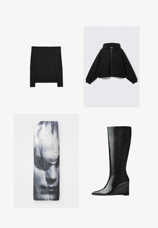 Czarna bluza z kapturem na zamek z przodu, o luźnym kroju, opuszczonych ramionach i dwoma bocznymi kieszeniami. Miękki materiał z prążkowanymi mankietami i wykończeniem u dołu.; Czarny top z długim rękawem o luźnym kroju, wykonany z miękkiego materiału. Posiada dekolt typu off-shoulder oraz boczne rozcięcia, które zapewniają swobodę ruchów.; Czarna i biała długa spódnica z graficznym nadrukiem twarzy, o gładkiej teksturze i dopasowanej sylwetce.; Czarne skórzane kozaki sięgające do kolan, z eleganckim, spiczastym noskiem i obcasem w kształcie klina. Powierzchnia jest gładka o błyszczącym wykończeniu.
