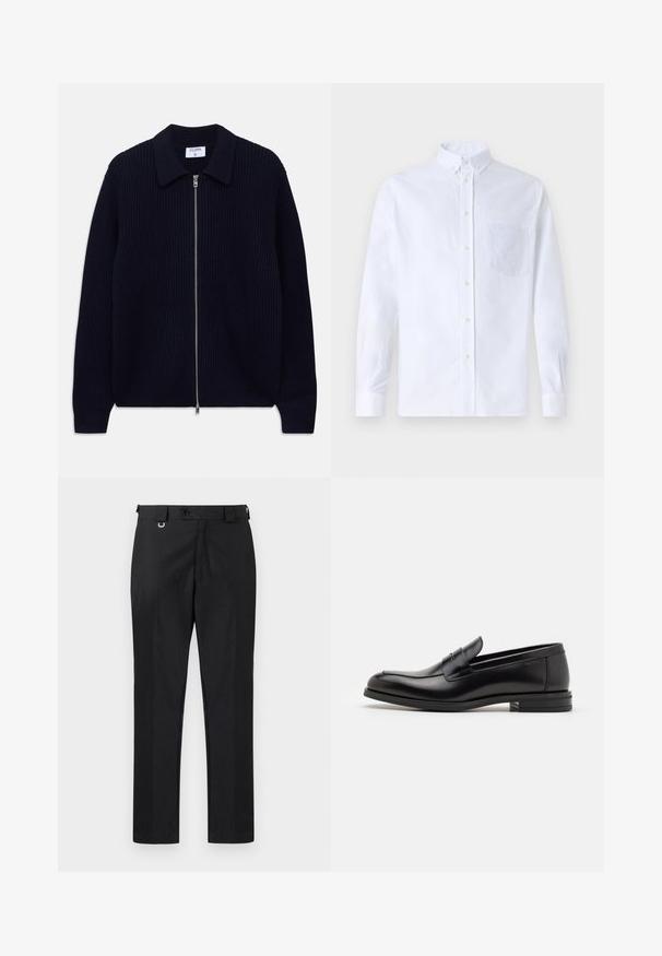 Temno modra rebrasta pletena jopica na zadrgo s ovratnikom in dolgimi rokavi, razporejena na beli podlagi.; Bela dolgo rukava srajca s kragnico, izdelana iz bombaža, z žepom na prsih in toniranimi vezeninami ter gumbi na manšetah.; Črne hlače s pripasanim krojem, z gumbom in zankami za pas. Gladka tekstura z minimalnimi detajli.; Črne usnjene loafer čevlje z gladko teksturo, zaobljenim nosom in dekorativnim trakom čez zgornji del. Nizka zložena peta, minimalističen dizajn.