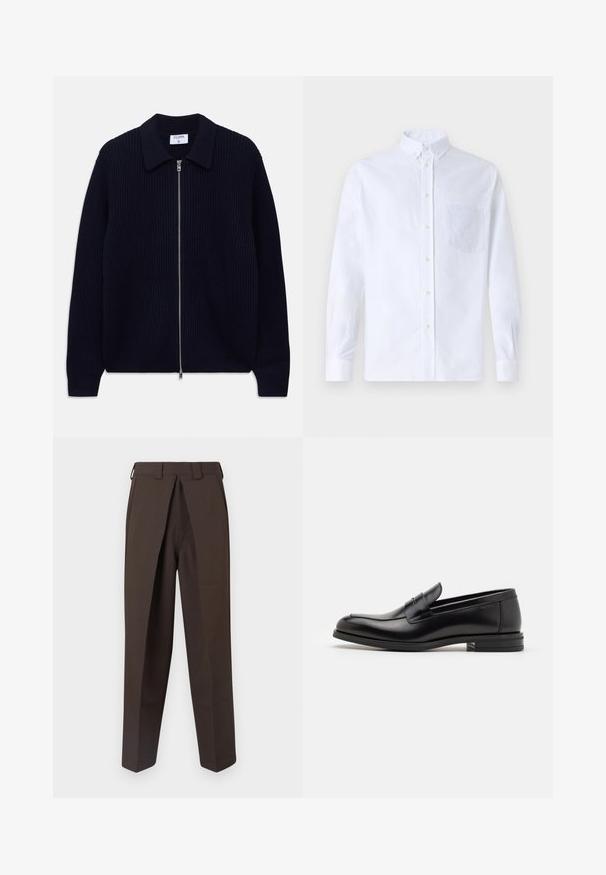 Marineblauwe geribbelde gebreide ritscardigan met kraag en lange mouwen, plat gelegd op een witte achtergrond.; Witte lange mouwen overhemd van katoen, met een borstzak met tonale borduring, een kraag en knopenmanchetten.; BLUEMARBLE WORK PANT - Broek - brown; Zwarte leren instappers met een gladde textuur, ronde neus en een decoratieve band over de wreef. Lage, gestapelde hak en minimalistisch ontwerp.