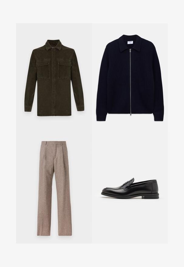 Cárdigan de punto acanalado azul marino con cremallera, cuello y mangas largas, dispuesto plano sobre un fondo blanco.; Camisa de pana verde oscuro con mangas largas, botonadura en la parte delantera y dos bolsillos en el pecho. Presenta un cuello clásico y una textura acanalada.; Pantalones marrones de cintura alta hechos de una tela texturizada. Presentan piernas anchas y dos pliegues frontales para dar estructura. Acabado limpio sin hardware visible.; Mocasines de cuero negro con una textura suave, puntera redondeada y una tira decorativa en el empeine. Tacón bajo apilado, diseño minimalista.