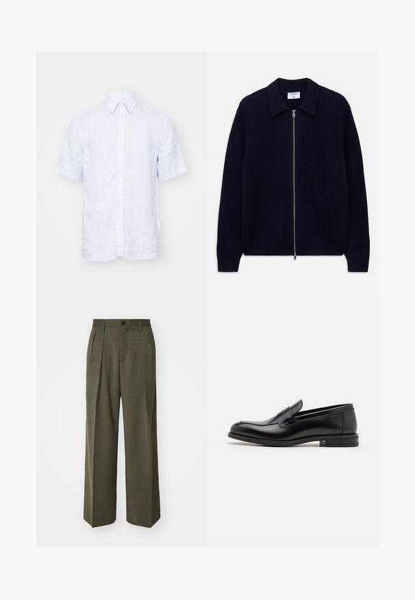 Cárdigan de punto acanalado azul marino con cremallera, cuello y mangas largas, dispuesto plano sobre un fondo blanco.; Tiger of Sweden SPENSER - Camisa - tinted white; Filippa K WIDE TROUSERS - Pantalones - driftwood; Mocasines de cuero negro con una textura suave, puntera redondeada y una tira decorativa en el empeine. Tacón bajo apilado, diseño minimalista.