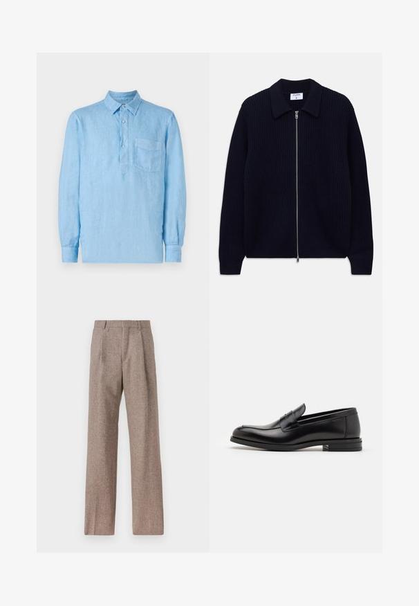 Cardigan zip-up a coste blu navy con colletto e maniche lunghe, steso su uno sfondo bianco.; Camicia di lino azzurro chiaro a maniche lunghe con placket abbottonato, colletto a punta e taschino sul petto. Tessuto strutturato e vestibilità rilassata.; Pantaloni marroni a vita alta realizzati in tessuto testurizzato. Presentano gambe ampie e due pieghe frontali per struttura. Rifinitura curata senza hardware visibile.; Mocassini neri in pelle con una texture liscia, punta arrotondata e una striscia decorativa sulla tomaia. Tacco basso impilato, design minimalista.