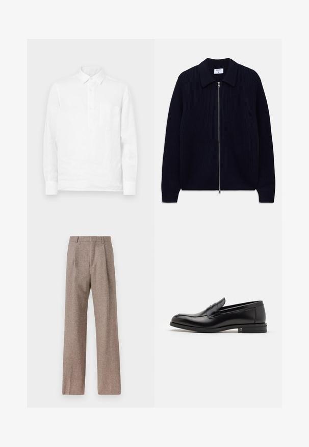 Cardigan zippé en tricot côtelé bleu marine avec col et manches longues, posé à plat sur un fond blanc.; Chemise en lin blanche à manches longues avec une patte de boutonnage et une poche poitrine, présentant une texture lisse et un design de col classique.; Pantalons marron taille haute en tissu texturé. Présente des jambes larges et deux plis avant pour la structure. Finition soignée sans matériel visible.; Mocassins en cuir noir avec une texture lisse, bout rond et une sangle décorative sur le dessus. Talon bas empilé, design minimaliste.